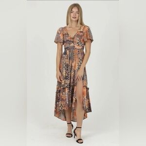 Vintage Angie High-Low Dress - 1970s - Sweetheart V-Neck - Earth Tones - Size L